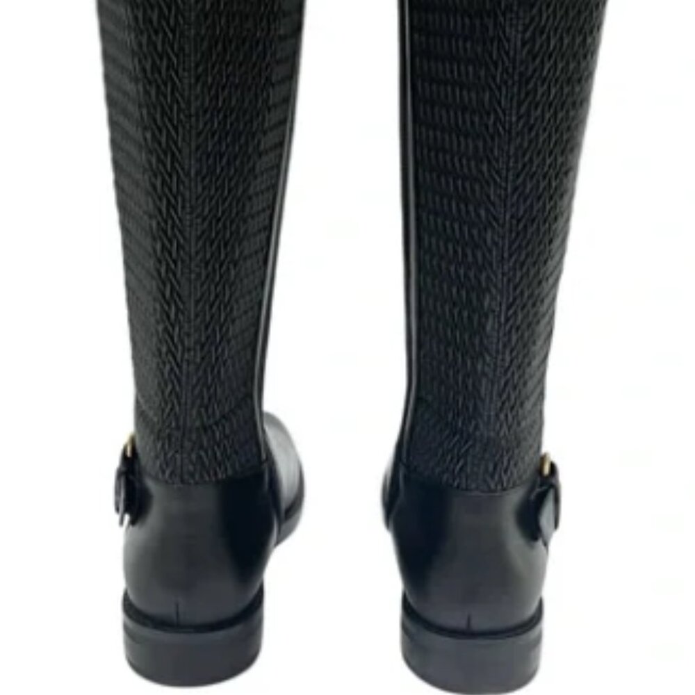 Cole Haan Clover Black Leather Riding Boots Stretch Gold Buckle Tall 7.5 NEW - Picture 3 of 5